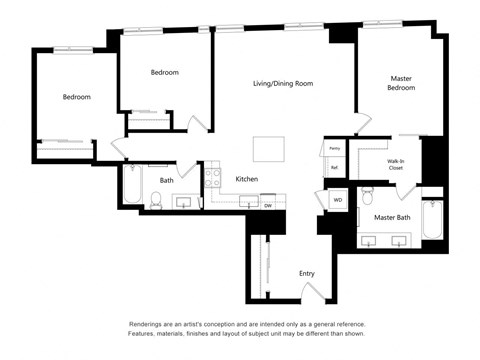 Floor plan for 3 beds, 2 baths, 1338 sqft